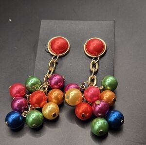 NWT Y2K Multicolor Beaded Cluster Drop Earrings – Gold Tone Statement